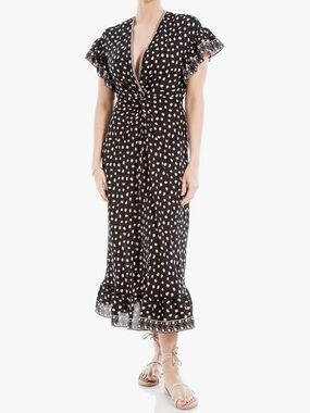 Max Studio Black Flutter Sleeve Ruffles Twist Front Print Midi Dress S NWT